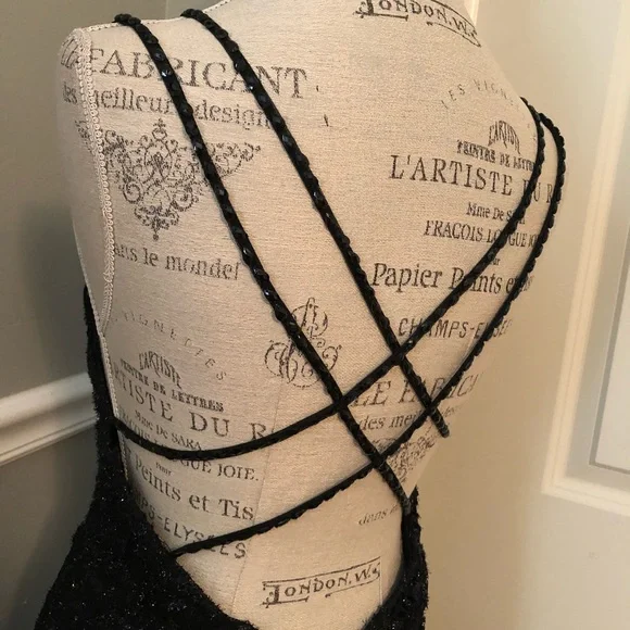 NEW LUCCI LU SZ 18 BLACK SLEEVELESS BEADED LACE FORMAL EVENING GOWN - Picture 8 of 15